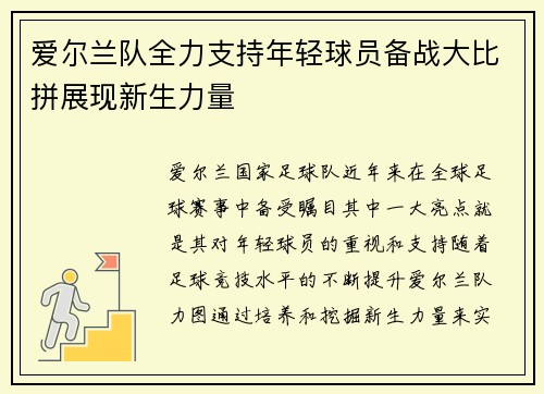 爱尔兰队全力支持年轻球员备战大比拼展现新生力量