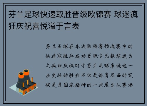 芬兰足球快速取胜晋级欧锦赛 球迷疯狂庆祝喜悦溢于言表