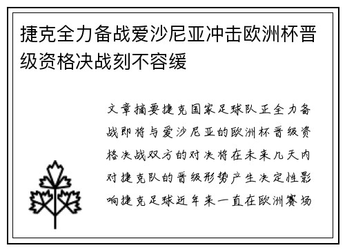 捷克全力备战爱沙尼亚冲击欧洲杯晋级资格决战刻不容缓